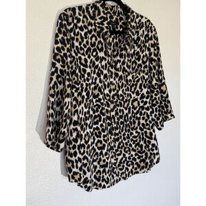 J. Crew Leopard Print Silk Blend Blouse Women’s 14 Button Up Animal Print Chic